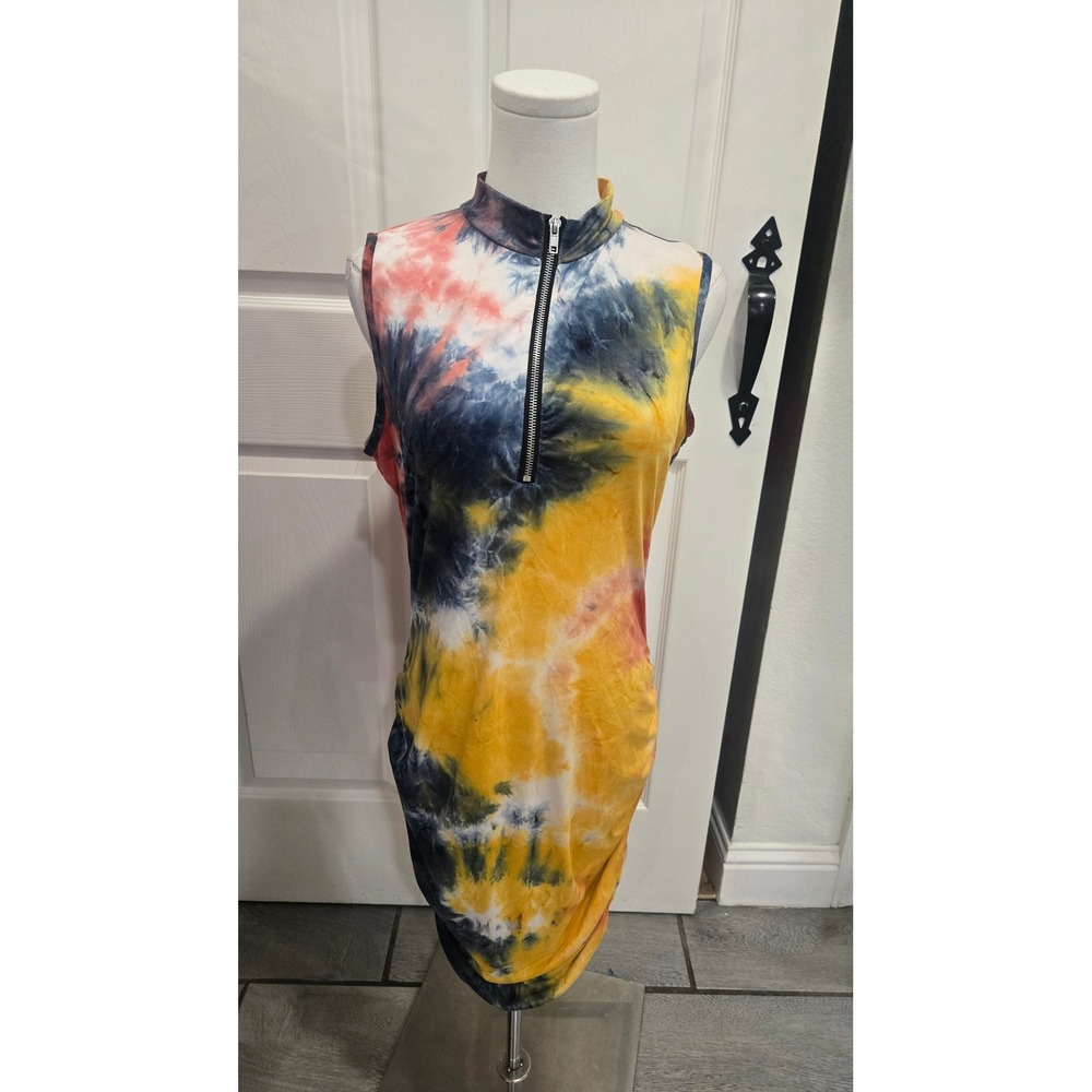 Ellie & Kate Tie Dye Zip Front Ruched Bodycon Dress Multicolor Sleeveless Large